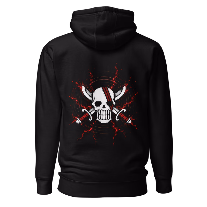 Red Hair Pirates Jolly Roger Hoodie, Black, back print, back