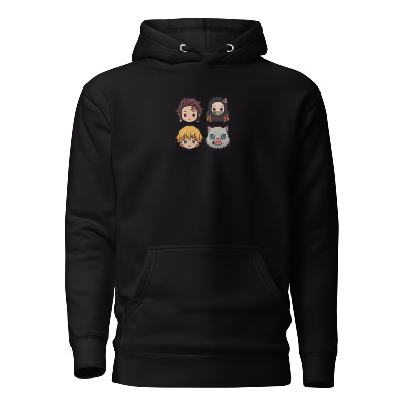 Demon Slayer Chibi Faces Embroidered Hoodie, Black, view