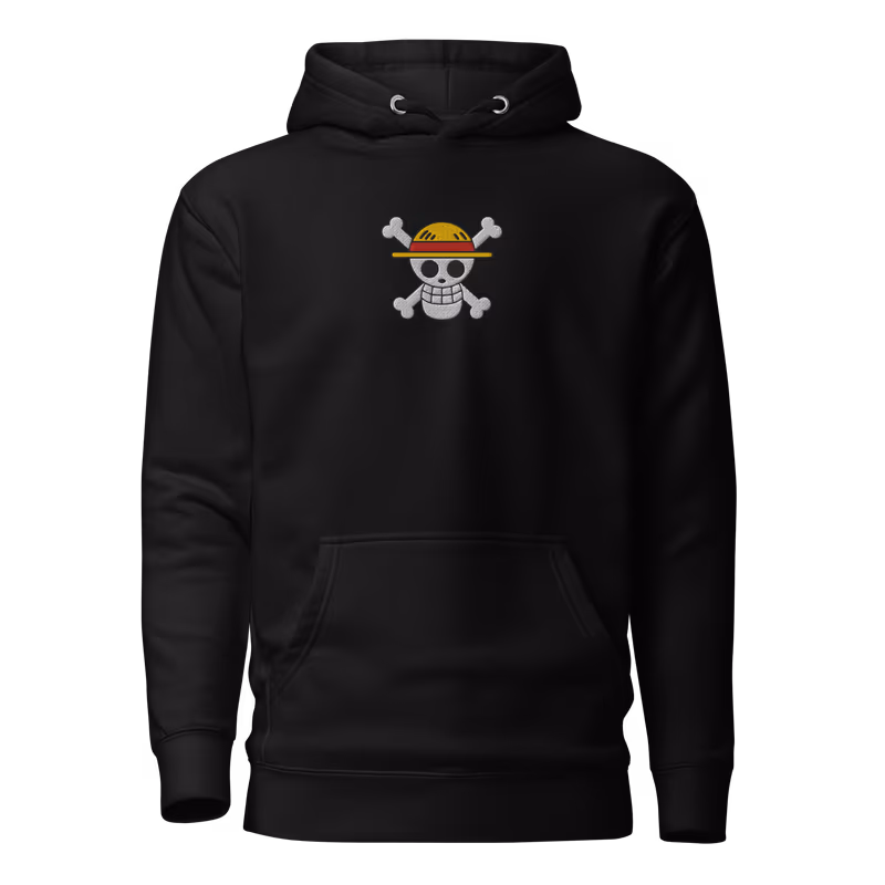 One Piece Embroidered Jolly Roger Hoodie, Black, view