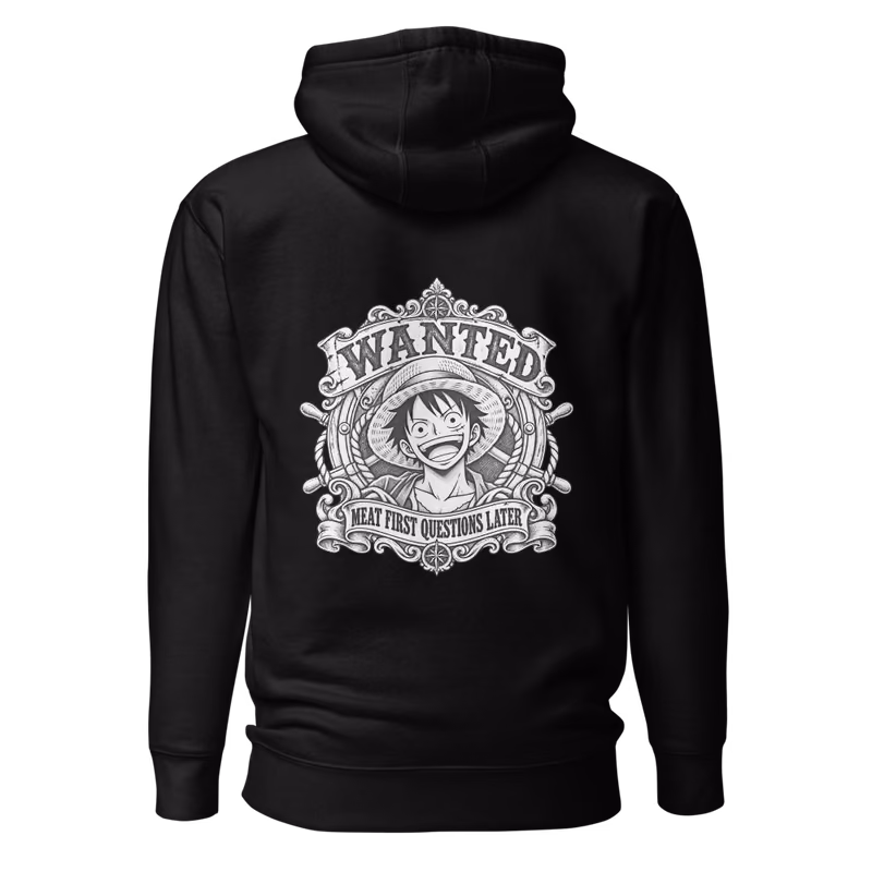 Luffy Wanted Poster Hoodie, Black, back print, back